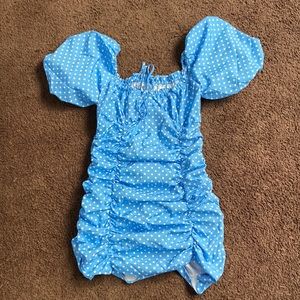 Blue polka dot of the shoulder dress